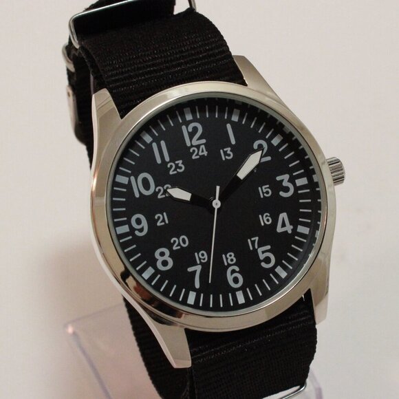 Men's Quartz Field Watch Silver Tone Case Black Military Strap 42mm - Picture 5 of 11
